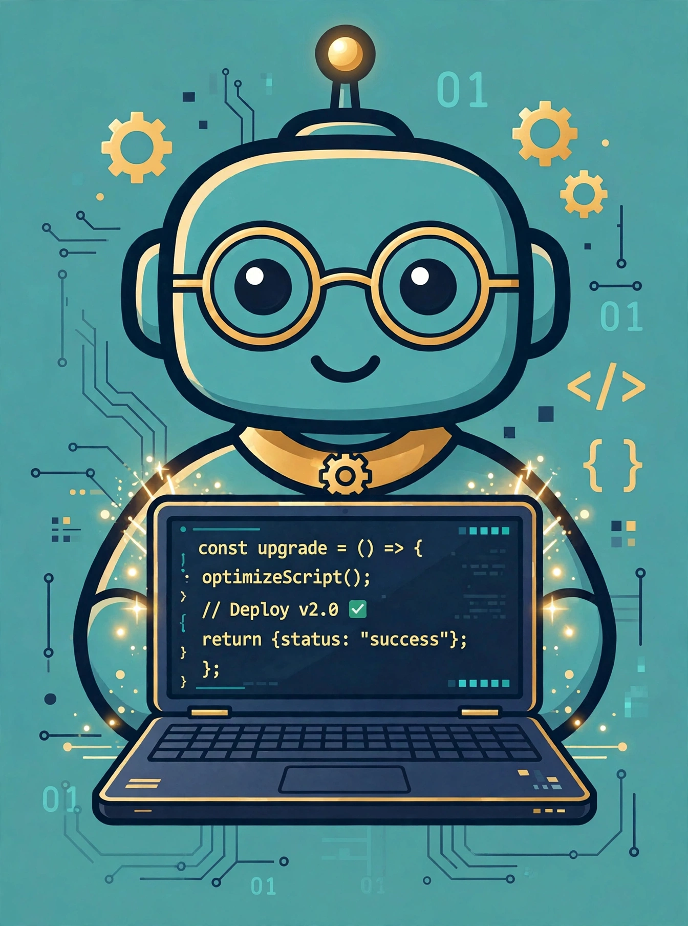 Maskot Khairys IT, robot teal berkacamata